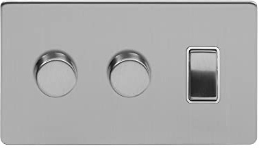 Soho Lighting Brushed Chrome 3 Gang Light Switch with 2 Dimmers (1x2 Way Light Switch with 2x Trailing Edge Dimmer) Wht Ins Screwless