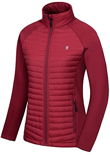 Little Donkey Andy Women's Insulated Hiking Jacket, Thermal Running Hybrid Jacket, Lightweight Breathable and Warm, Dark Red Size L