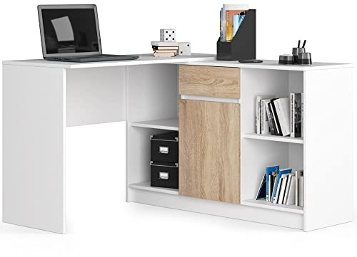 AKORD Eck-Schreibtisch B-17, 2-in-1 Kombination Schreibtisch + Kommode mit 1 Schublade, 1 Ablagefach mit Tür und 2 offenen Ablagen | B120 x H79/77 x T126, 68 kg | Weiß & Sonoma Eiche Front