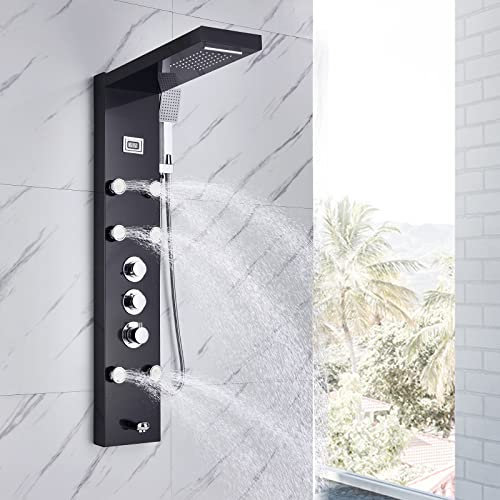 fyheast Columna Ducha Hidromasaje Con Cabezales De Ducha Tipo Lluvia LED 4 Rociadores Traseros Ducha De Mano Y Salida De BañO Sistema De Ducha De Acero Inoxidable Cepillado Con Indicador Temperatura
