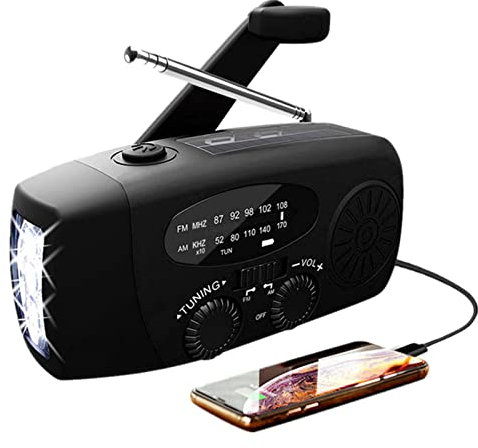 Wind up Solar Radio battery, torch, solar powered radio AM/FM/NOAA, with Solar Charging & Hand Crank & 2000mAh Battery Operated LED Flashlight Cell Charger Reading Lamp Black (Black)