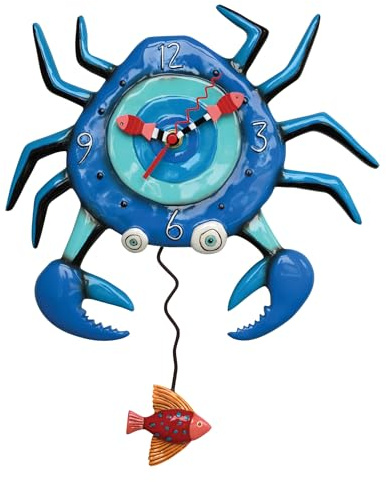 Enesco Allen Designs Crab with Big Claws and Fish Sculpted Pendulum Wall Clock, 14.25 Inch, Blue