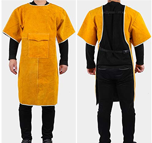 Schweißerschürze, Sicherheitsarbeitsschürze Flammbeständiges Rindsleder Stehkragen Schweißerleder Grill Arbeitsschürze mit Werkzeugtaschen Werkstattschürze, Gelb, 115 cm