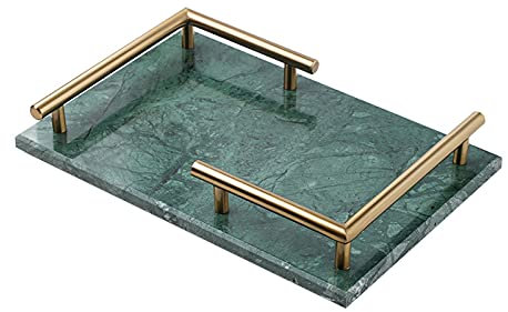 Plateau Service Plateau de parfum de plateau décoratif en pierre de marbre avec poignées de métal de couleur cuivre Bac à bijoux Plateau de bibelot for la robe de salle de bain Vanity Table Plateaux D