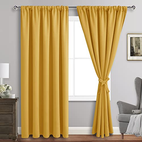 JIUZHEN Blackout Curtains for Bedroom - Thermal Insulated Room Darkening Rod Pocket Curtains for Living Room, Set of 2 Panels with Tiebacks, 70 x 96 Inch Length, Mustard Yellow