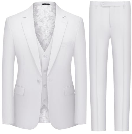 MAGE MALE Men's 3 Pieces Suit Slim Fit Notch Lapel One Button Business Wedding Party Solid Blazer Jacket Vest Pants Set with Tie White