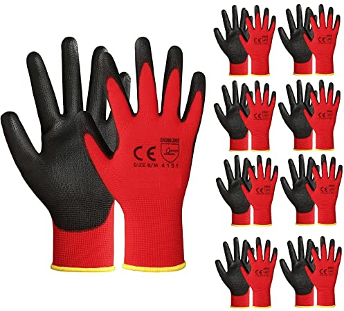 A406 24 Pair Red Work Gloves Nitrile Coated for Builders, Gardening, Construction, Warehouse Use (Large)