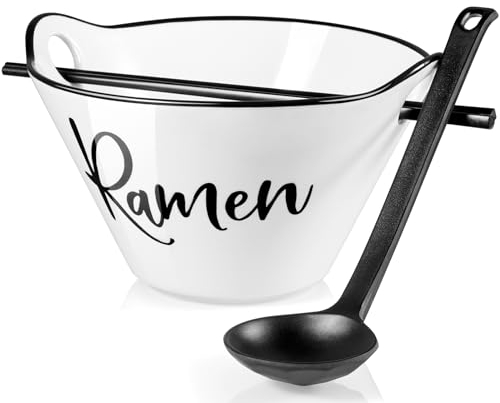 DAYYET Ceramic Ramen Bowl with Chopsticks and Spoon, 26 oz Farmhouse Deep Japanese Noodle Bowl for Udon, Soba, Pho, Rice and Soup, Kitchen Accessories, Microwave and Dishwasher Safe, White