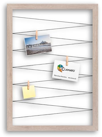 CLAMARO Bilderrahmen Collage Flex, 50 x 70 cm, Eiche Sonoma, Wandaufhänger | MDF-Holzrahmen vollummantelt, vorgespannte Gummileine, Echtholz-Fotoklammern, für Fotos, Postkarten, Notizen