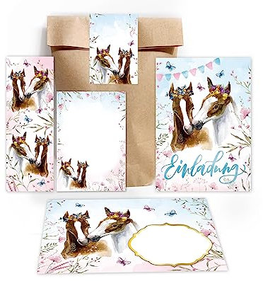 Minkocards 12 Einladungskarten zum Kindergeburtstag Mädchen Pferde incl. 12 Umschläge, 12 Partytüten/natur, 12 Aufkleber, 12 Lesezeichen, 12 Mini-Notizblöcke Einladungsset