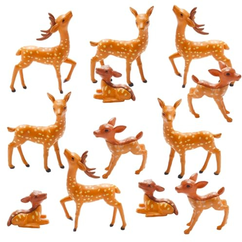 Exasinine 12 Pcs Mini Deer Figurines Forest Animal Figurines Woodland Animals Creatures Miniature Deer for Crafts Fairy Garden Supplies Cake Toppers