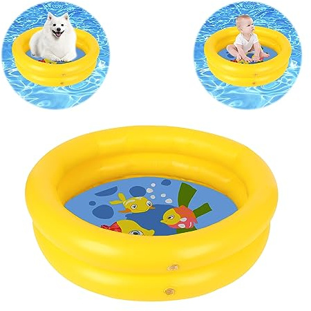 Mini Inflatable Baby Swimming Pool, Paddling Pool for Babies, 2 Ring with Inflatable Safety, Sea Animals Patterns, for Indoor Outdoor Girls Boys Garden Backyard (Yellow)