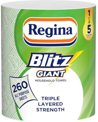 Regina Blitz Giant – 1 Roll Multi-Purpose Household Towels, 3 Ply, 260 Sheets Per Roll, Triple Layered Strength, Household Towels Made With Virgin Pulp, Recyclable Paper Packaging, and FSC Certified