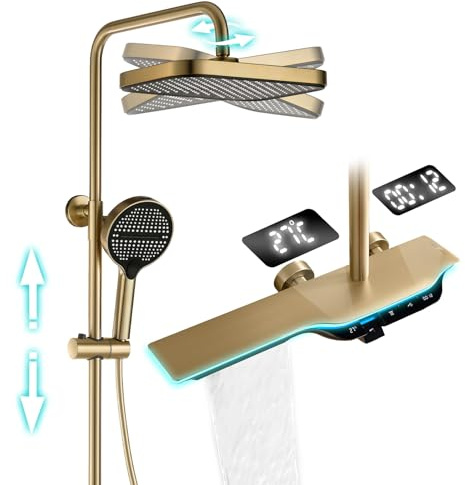 LNXGJJ Duschsystem mit Thermostat, Duscharmatur Komplettset Digitaler Bildschirm Regendusche Set Gebürstetes Gold Duschset mit Regenbrause Duschkopf, Handbrause, Wasserfall Badewannenarmatur