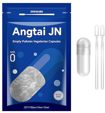 Angtai JN Pullulan Capsule Vegetali Vuote Taglia 0-Chiavi Capsule Vuote per Riempimento con 2 Micro Cucchiai,Capsule Vuote Fai-Da-Te Compatibili con Dimensioni di Riempimento Capsule 0,100 unità