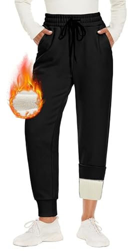 Warme Jogginghose Damen Gefütterte mit 2 Taschen Kordelzug Winter Fleece High Waist Lange Sportleggins Trainingshose Freizeithose Sweathose Schwarz XXL