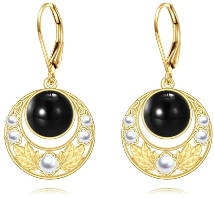 Schwarze Onyx Ohrringe Ovale Tropfen Ohrringe aus Sterling Silber 18 Karat Gelbgold Vergoldet Filigrane Boho Ohrhänger Schmuck Geschenke für Damen und Mädchen
