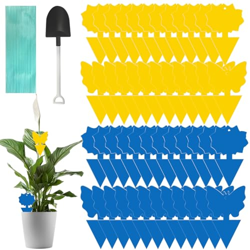 WD&CD 48 Stück Blautafeln Gegen Thripse und Gelbsticker Gegen Trauermücken Mit Aufhängedraht und Kleiner Schaufel, für die Zimmerpflanzen Schädlingsbekämpfung