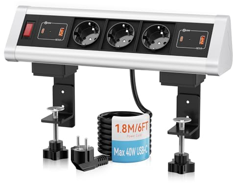 Tisch Steckdosenleiste mit USB C 40W, Ohuo Steckdosenleiste Schreibtisch 3 Fach mit 4 USB, Mehrfachsteckdose Tischsteckdose mit Schalter