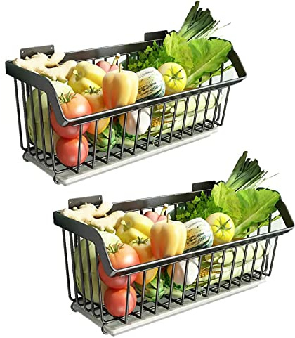 Obst- Und Gemüseregal Aus Rostfreiem Stahl 304, Wandhalterung Zur Aufbewahrung Von Gemüse In Der Küche, 2-stöckiger Obstkorb, Arbeitsplatte/Wandmontage Obst- und Gemüseregal(Noir,39x20.5x17.5cm)