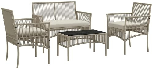 Outsunny Conjunto Jardín Exterior de Ratán, Muebles Jardín Exterior para 4 Piezas, Muebles Terraza con 1 Sofá de 2 Plazas, 2 Sillones, Cojines y 1 Mesa de Tablero de Vidrio, para Patio, Caqui