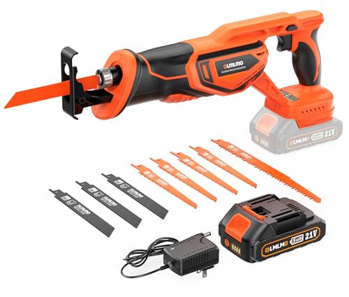 Olmlmo Reciprocating Saw Cordless Kit: Brushless Motor Power Reciprocating Saws with 2000mAh Battery, 3000SPM 28mm, 8 Saw Tool-Free Blade for Wood & Metal Cutting