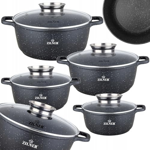 Zilner 8-teiliges Topfset, Induktions-Töpfe Set, Kochtöpfe, Töpfe Induktion, Schwarz, 1.3L, 2.3L, 3.5L, 5.6L
