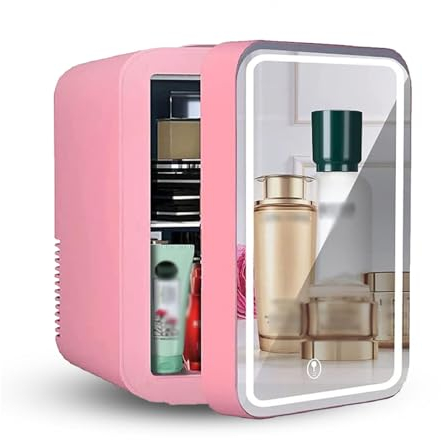 HAZARA Petit RéFrigéRateur CosméTique, 8L,avec Miroir De Courtoisie LED Frigo Petit, Voiture,Maison,Chaud Et Froid 2 en 1 Petit Frigo Pas Cher, pour Chambre, Bureau Et Voiture,Pink