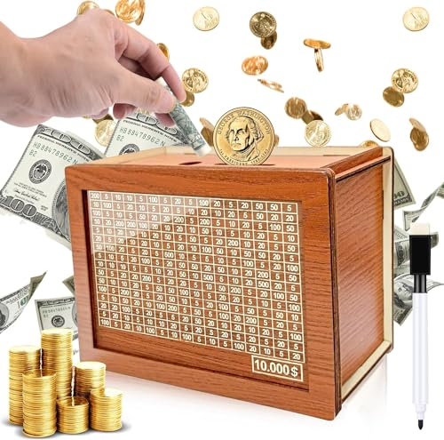 Homgaty Wooden Money Box Money Bank, Countdown Money Saving Box with 10000 Dollars Target, Money Box with Money Target and Numbers to Check for Boys Girls (10000 USD)