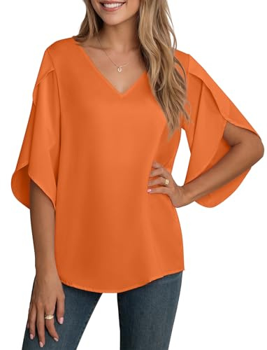 YGJIEGENG Women's Elegant 3/4 Sleeve Top Summer Casual Chiffon Fabric V-Neck Blouse Blouse Split Sleeve Orange 2XL