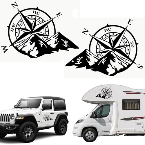 Longivia® Pack de 2 Unités Autocollants Boussole Monde Rose des Vents Différentes Couleur-Tailles (27x21cm ou 40x32cm) Stickers Camping Car Exterieur Pour Van ou Voiture - Accessoire 4x4 off road