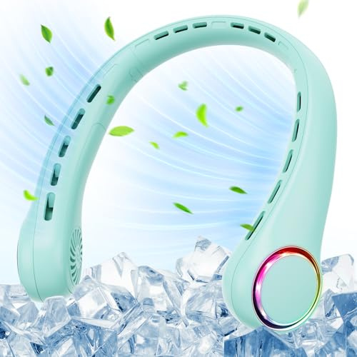 Ultralent Halsventilator, 4000mAh Nackenventilator USB Mini Ventilator, Neck Fan, Leise, 3 Geschwindigkeiten, LED-Licht, Tragbarer Ventilator für Outdoor, Innenräume, Camping, Reisen, Sport - Grün