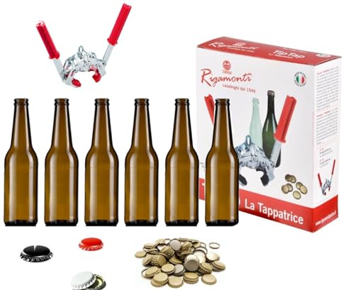 10 Pz Bottiglia Birra VETRO vuota 330 ml con tappi corona 26 mm LONGNECK in vetro di colore ambra Completa di Tappo Corona 26 mm e tappatrcie tip tap - KIT per fare la birra ARTIGIANALE