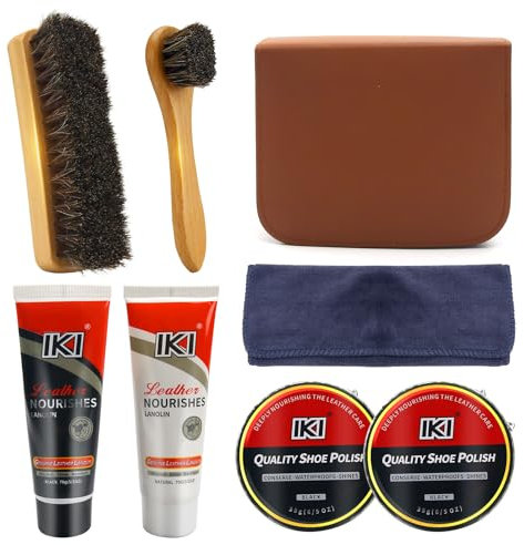 IKI Set per la cura delle scarpe in pelle premium – Lanolina incolore e nero, cera per scarpe, 2 spazzole per capelli di cavallo, panni in flanella e fibra alta – Soluzione completa per lucidare le