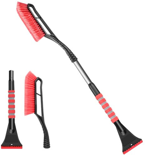 Ice Scraper for Car Windscreen with Snow Brush, Car Ice Scraper Non Scratch, Winter Frost Defrosting, Windscreen Cleaning Telescopic Dual Head Car Window Squeegee Detachable Asseccories Set (Red)