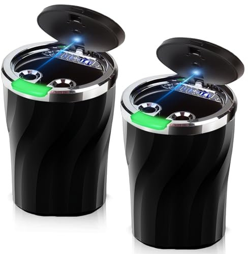2 Stück Auto Aschenbecher: Auto Aschenbecher mit Deckel, Leuchtend Knopf und LED Beleuchtet, Geruchsdicht Rauchfreien Aschenbecher Tragbarer Reiseaschenbecher für Autos Van Outdoors Camping