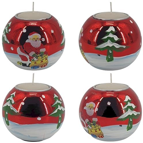 4 weihnachtliche Kerzenhalter Rot mit Weihnachtsmann und Tannenbaum handbemalt Adventskranz incl. 4 Teelichter ! 80570