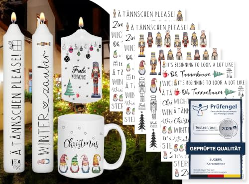 Sugeru 6 PCS Kerzentattoos Weihnachten (200+ Muster) - DIN A5,Wassertransferdruck | DIY asserschiebefolie Kerzenfolie | Kerzenaufkleber Weihnachts Sticker | Deko,Ostern,Adventskerze (Adventstag II)
