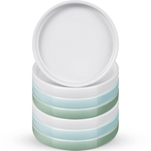 Zubebe 6 Stück 10,2 cm Keramik-Pflanzenuntersetzer, rund, Blumentopf, Abtropfschale, Blumentopf-Untersetzer für drinnen und draußen, hält Wassertropfen und Erde, weiß, blau, grün
