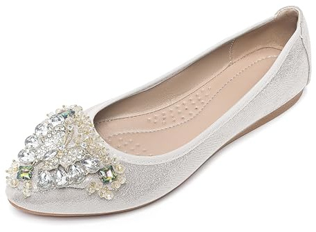 YOUNIFIZ Ballerines plates pour femme avec strass - Pliables et portables - Pour mariage, Argenté., 38.5 EU