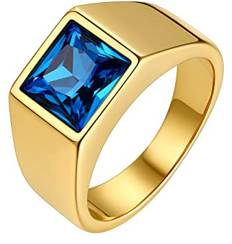Bestyle Anillo para Hombre Oro Anillos Sellos Cuadrado Anillo de Sello Hombre Oro Anillos con Piedras Azul Anillo de Acero Inoxidable para Hombre Tamaño 30