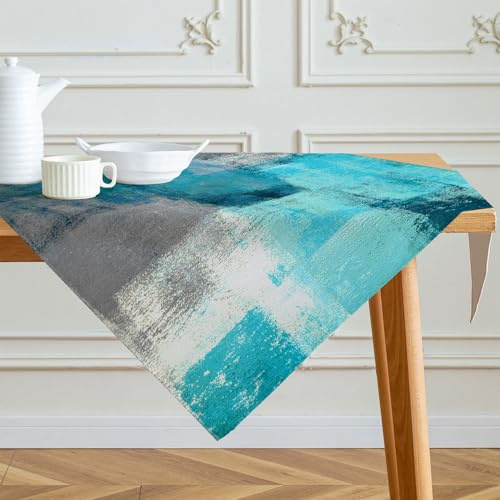 Tischdecke 100x100 cm Türkis Modern Mittelläufer Kunst Gemälde Tischdecken Kurz Leinen Tisch Deko Abwaschbar Dekoration Aesthetic Tischdecke für Herbst Party Hochzeiten Feiertage Geburtstag