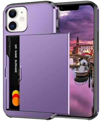 Coolden for iPhone 12 Case with Card Holder iPhone 12 Pro Case Grey Purple | Shockproof Protective Hard PC Soft Rubber Bumper Phone Cases, Card Holder Slot Wallet Cover for iPhone 12/12 Pro Women Men