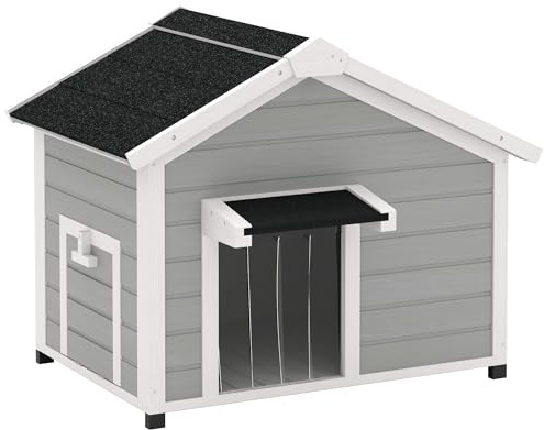 PawHut Casetta per cani da esterno in legno massiccio, casetta per cani con tetto apribile in asfalto, pavimento rimovibile, piedi rialzati, tenda per porta, grigio chiaro