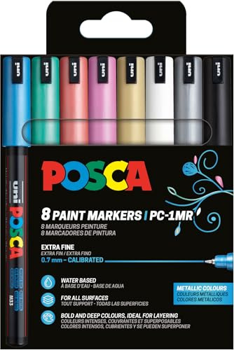 POSCA 181757 - Set di pennarelli POSCA, 8 penne acriliche Metallic PC-1MR, pennarello permanente 0,7 mm punta tonda