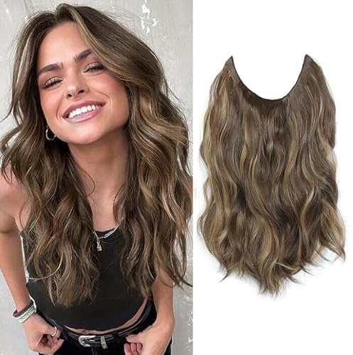 Morichy Halos Haarverlängerungen, 35,6 cm unsichtbare Draht-Haarverlängerungen zum Einklipsen, verstellbar, kurz, gewellt, synthetisch, Upgrade, 4 sichere Clips, hellbraun mit honigblond gemischt