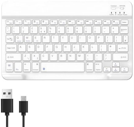 Bluetooth Keyboard, Ultra-Slim Wireless Keyboard with Quiet Key, Rechargeable USB-C with Media Hotkeys, Compatible with iOS, Mac, iPad, Windows, UK Layout, Lightweight and Portable for Travel(White)