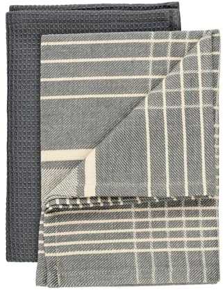WENKO Geschirrtuch Mod. Tito 2er Set saugstarke schnelltrocknende Geschirrtücher grau Baumwolle in Waffeloptik und Streifen Küchentücher 45x65 cm