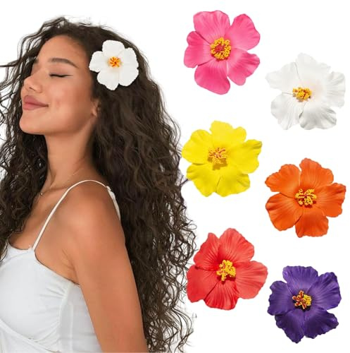 FloralGrace Lot de 6 Pinces à Cheveux Fleurs d'Hawaï pour Dames, Barrettes Fleurs d'hibiscus, différentes Couleurs pour Pince à Cheveux Plumeria Style bohème été