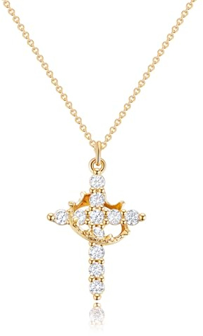 Tewiky Krone Kreuz Kette Damen, 14K Vergoldete Halskette mit Kreuz Anhänger | 14K vergoldete Kreuz Halskette mit zartem Design, hautfreundlich und leicht für Alltag, Geschenke und Frauen.